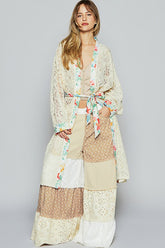 POL Floral Trim Lace Open Front Longline Cardigan OutfitFlow